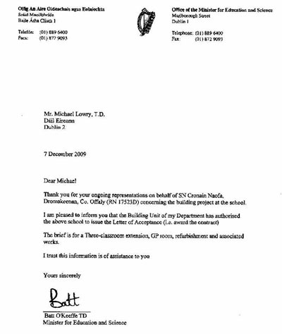 Batt O'Keeffe's Letter to Deputy Lowry