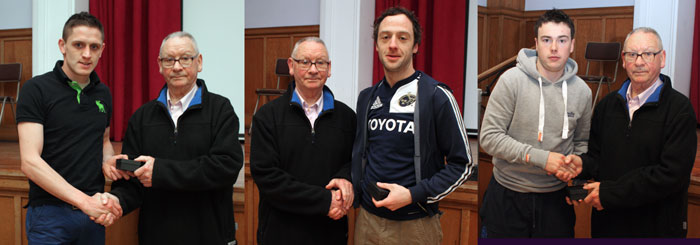  Ailbe Power (Two-Mile Borris), Barry McLoughlin (Thurles), & Liam Cullen (Thurles) pictured receiving their Fergal Maher Cup Medals from hurling legend Jimmy Doyle